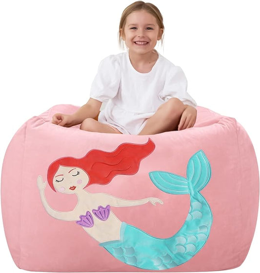 Aubliss Unicorn Stuffed Animal Storage Bean Bag Chair for Kids, Velvet Extra Soft Beanbag Chairs Cover, X-Large Stuffable Zipper Bean Bag for Organizing Plush Toys Girls Bedroom Decor, Pink - LeafyLoom