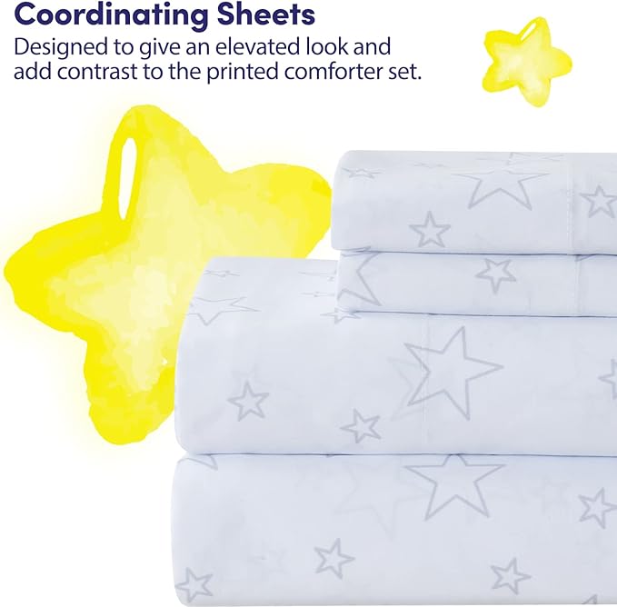 Kids Bedding Set Bed in a Bag for Boys and Girls Toddlers Printed Sheet Set and Comforter, Full, Floating in Space (Pack of 4) - LeafyLoom