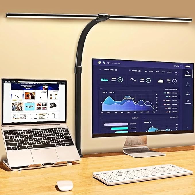 Led Desk Lamp for Office Home - 24W Double Head Architect Desk Light with Clamp & Timer, Eye Caring Folding Table Lamp Gaming Desktop Computer LED Lights Desk Supplies for Workbench Studing Drafting - LeafyLoom