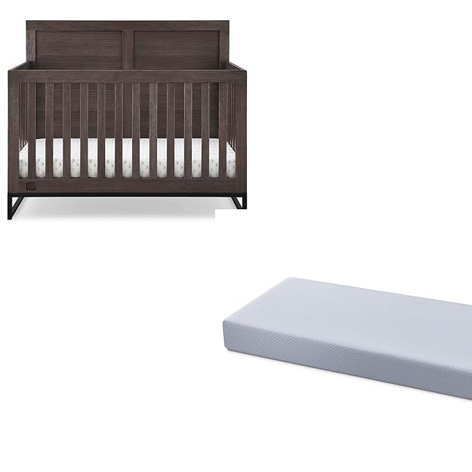 Simmons Kids Foundry 6-in-1 Convertible Baby Crib, Rustic Grey with Matte Black + Quiet Nights Breathable Crib Mattress with Removable/Machine Washable Cover (Bundle) - LeafyLoom