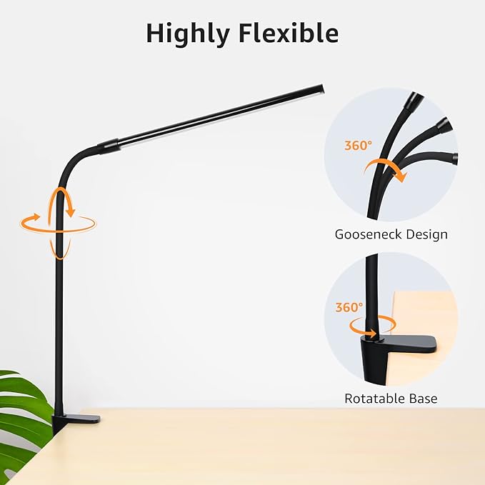 Lepro Clip on Desk Lamp LED Reading light Dimmable USB Small Clamp Lamp with 3 Color Modes 10 Brightness, Adjustable Flexible Gooseneck Table Light for Bed Headboard, Nail, Home Office,Computer(Black) - LeafyLoom