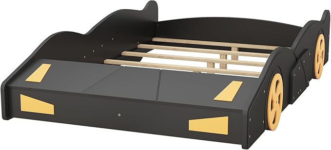 Full Size Race Car Bed for Kids, Car-Shaped Bed Frame with Wheels and Storage Footboard for Boys, Wood Slats Support,No Box Spring Needed, Black+Yellow - LeafyLoom