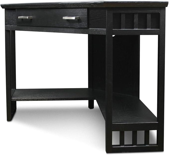 Leick Home 83430 Corner Computer/Writing Desk with Center Keyboard Drawer and Shelf, Black Oak - LeafyLoom