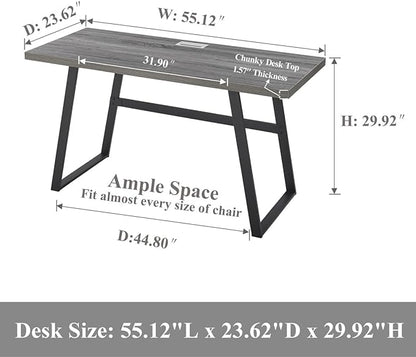 BON AUGURE 55 inch Modern Writing Desk, Rustic Computer Desk for Home Office, Sturdy Simple Wood and Metal Desk, Industrial Work Study Table (Dark Grey Oak) - LeafyLoom