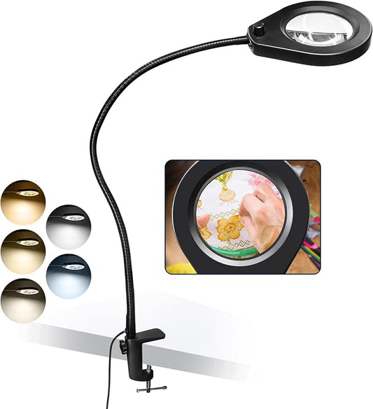 Magnifying with Light and 10X Real Glass Lens, Lighted in 5 Color Temperatures & 10 Dimmable Levels, Desk Edge Clip Mounted, Hands Free Positioning by 19.7' Gooseneck Arm - LeafyLoom