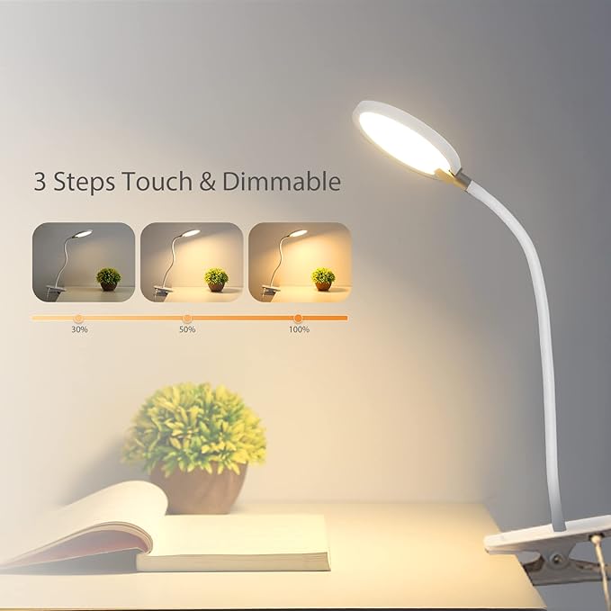 7W Flexible Gooseneck LED Desk lamp Touch 3 Steps Dimmable LED Clip on Light Reading lamp Warm White 3000K 3 Brightness Book Lights Eye Caring Clamp lamp - LeafyLoom