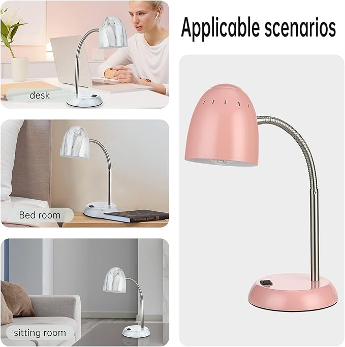 Eye-Caring Table Lamp of Simple Designs Home E26 Led Screw Basic Metal Desk Lamp with Flexible Gooseneck Hose Neck Study Lamp for Bedroom Office Living Room Convenient On/Off Switch(Pink) - LeafyLoom