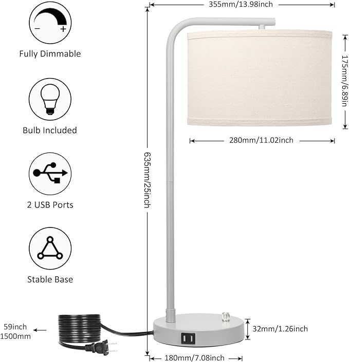 Table Lamp with USB Ports, Fully Dimmable Nightstand Lamp for Living Room, Modern Grey Bedside Lamp, Tall Table Lamp with Beige Shade Minimalist Desk Lamp for Bedroom Office, LED Bulb Included - LeafyLoom