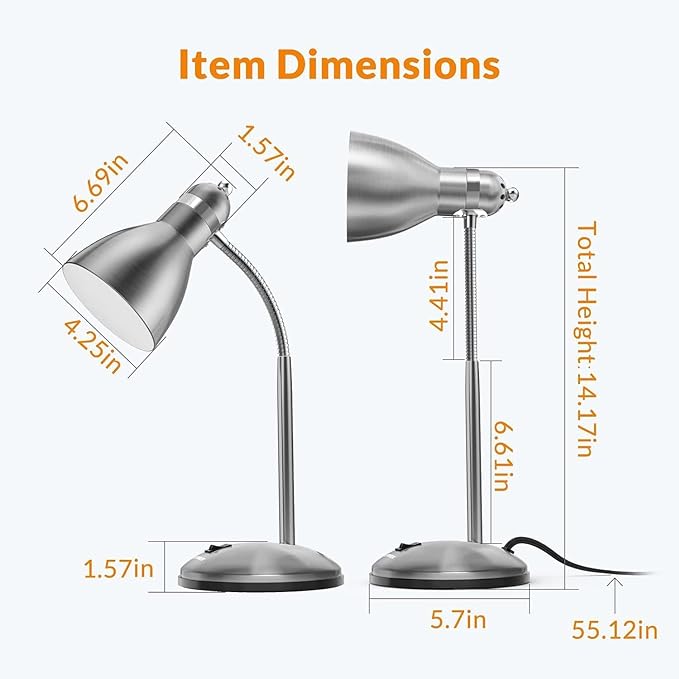 LEPOWER Metal Desk Lamp, Adjustable Goose Neck Table Lamp, Eye-Caring Study Desk Lamps for Bedroom, Study Room and Office (Silver) - LeafyLoom