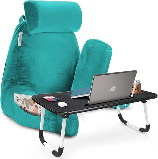 Clara Clark Reading Pillow with Portable Lap Desk for laptop Set, Back Pillow for Sitting Up in Bed, Memory Foam Back Support Pillow, Bed Rest Pillow with Foldable Laptop Desk, Large - Teal - LeafyLoom