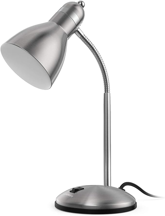 LEPOWER Metal Desk Lamp, Adjustable Goose Neck Table Lamp, Eye-Caring Study Desk Lamps for Bedroom, Study Room and Office (Silver) - LeafyLoom