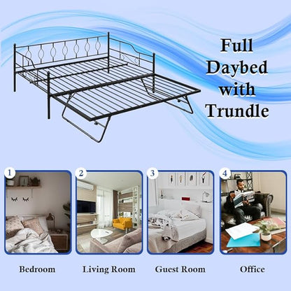 Full Daybed with Trundle, Metal Day Bed with Pull Out Trundle, Sofa Bed with Twin Size Portable Folding Trundle, Bed Frame for Bedroom, Living Room, Guest Room, Home, No Box Spring Needed, Black - LeafyLoom