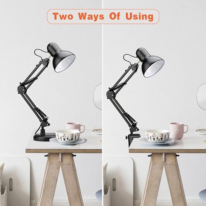 Metal Swing Arm Desk Lamps, Adjustable and Flexible, Feading with Base and Clip 2-in-1 Function, Fit E26&E27 Bulbs Base, Application in Bedroom Living Room, Office Home (Black) - LeafyLoom