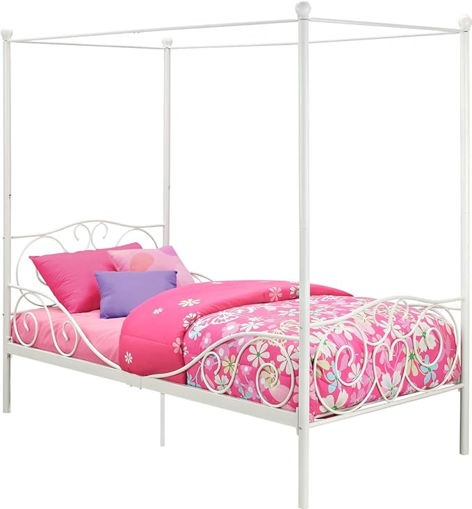 DHP Metal Canopy Kids Platform Bed with Four Poster Design, Scrollwork Headboard and Footboard, Underbed Storage Space, No Box Sring Needed, Twin, White - LeafyLoom