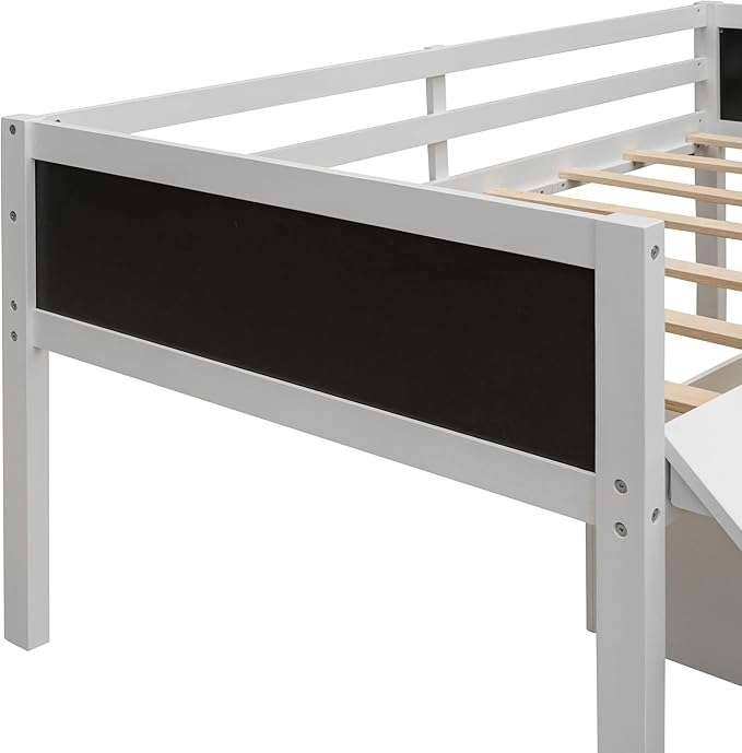 Twin Size Low Loft Bed with Slide and 2 Storage Boxes,Kids Low Loft Bed Frame with Climbing and Chalkboard,Solid Loft Bed Twin for Boys,Girls,White - LeafyLoom