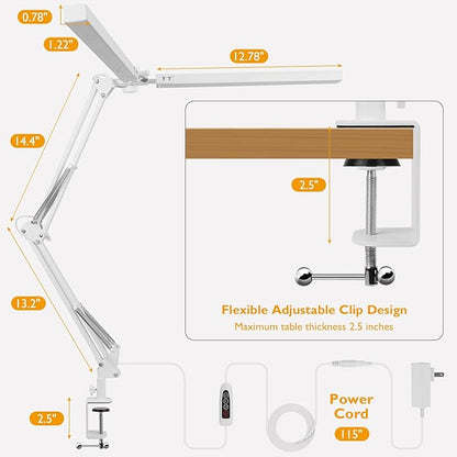 LED Desk Lamp with Clamp, Super Bright Double Head Desk Lamps for Home Office, 5 Color Modes, 10%~100% Dimmable Brightness, Architect Task Desk Light, Modern Swing Arm Workbench Desk Lighting - LeafyLoom