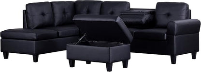 Sectional Couch L Shaped Sofa with Storage Ottoman, Cup Holders, Modern Upholstered Corner Couch&Sofa with Chaise Lounge for Living Room Furniture Sets, Black pu - LeafyLoom