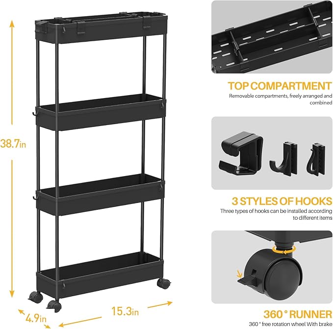 SPACELEAD Slim Storage Cart 4 Tier, Storage Organizer Rolling Utility/ Mobile Shelving Unit Slide Out Storage Cart for Office, Bathroom, Kitchen, Laundry Room & Narrow Places， Black - LeafyLoom