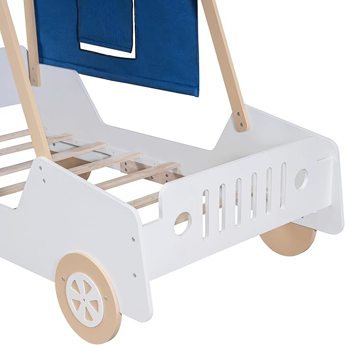 Twin Size Kids Car Bed with Tent Canopy & Wheels,Wood Bedframe W/Safty Grille,Raised Base Design,Easy Assembly,Toddler Boys Car-Shaped Bedroom Beds for Reading Playing Relaxing,White+Natural - LeafyLoom