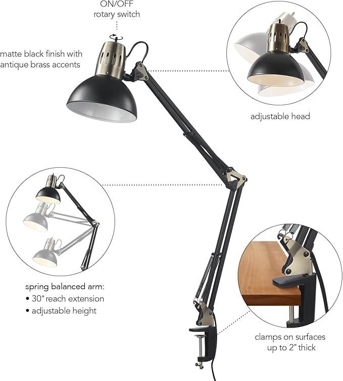 Globe Electric 62000009 32" Multi-Joint Desk Lamp with Metal Clamp, Matte Black, Antique Brass Accents, On/Off Rotary Switch on Shade, Partially Adjustable Swing Arm, Home Décor, Office Accessory - LeafyLoom