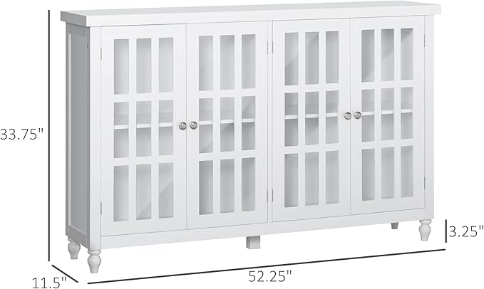 HOMCOM Sideboard, Buffet Cabinet with 4 Tempered Glass Doors, Stripe Pattern and Adjustable Storage Shelf, Credenza, White - LeafyLoom