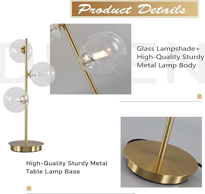 Mid Century Gold Globe Table Lamp Modern Golden Desk Reading Lamp Contemporary Brass Metal Nightstand Lamp with Clear Glass Shade Bedside Lamp for Bedroom Study Room Office MTL03-C - LeafyLoom