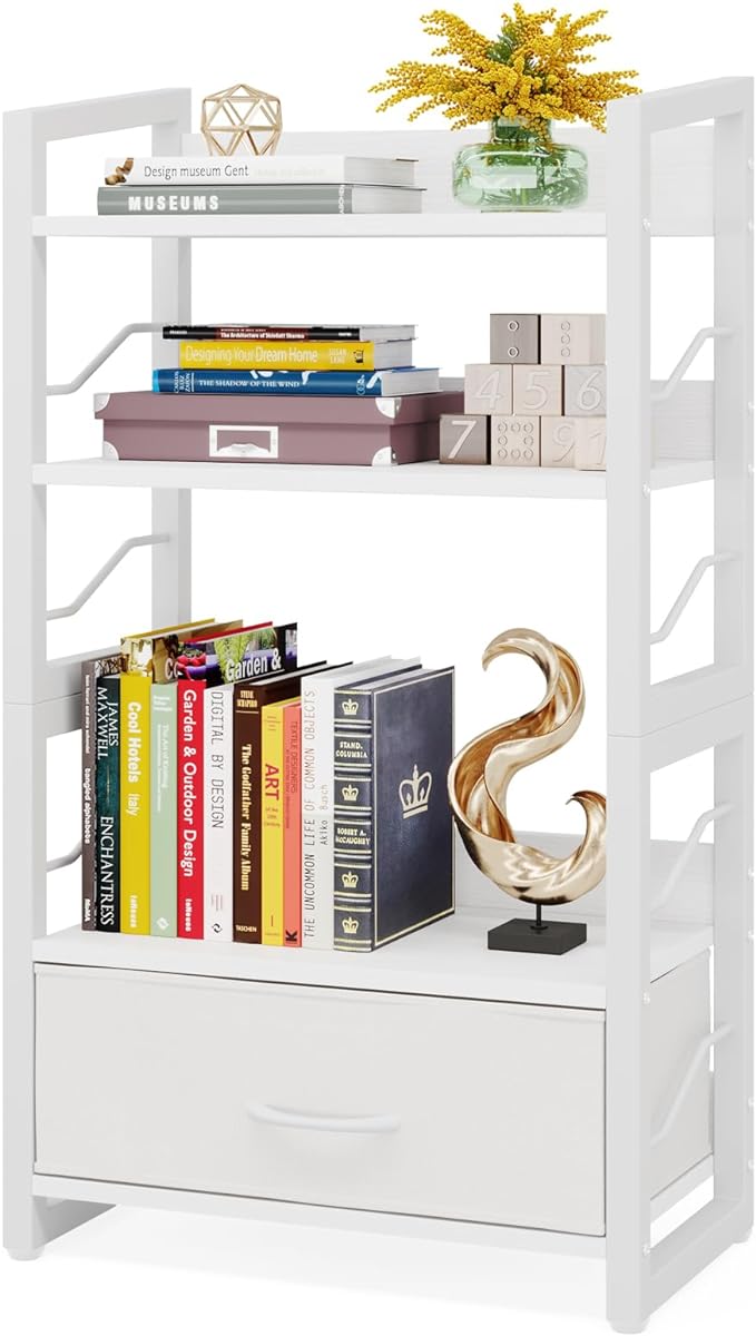 Small Bookshelf with Drawer - 4-Tier Wood Book Shelf Industrial Narrow Bookcase Storage Organizer Metal Stackable Shelves for Desktop Bedroom Living Room Home Office (White) - LeafyLoom