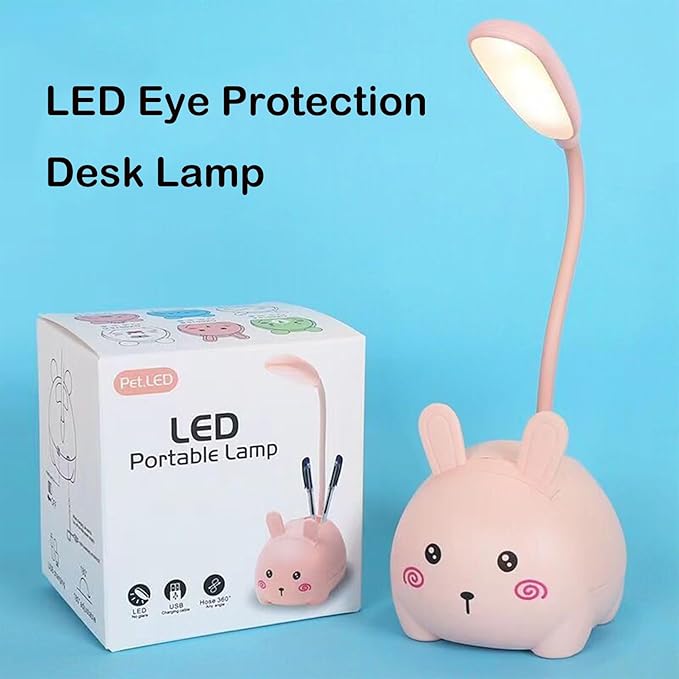 Cute LED Desk Lamp, LED Eye Protection Desk Lamp, Mini Rabbit Lamp, Portable LED Table Light, Foldable Kids Night Light for Bedroom, Living Room, Studing Room (Pink) - LeafyLoom