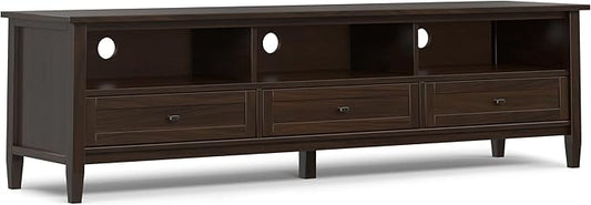 SIMPLIHOME Warm Shaker Solid Wood 72 inch Wide Transitional TV Media Stand in Tobacco Brown for TVs up to 80 inches for The Living Room and Entertainment Center - LeafyLoom