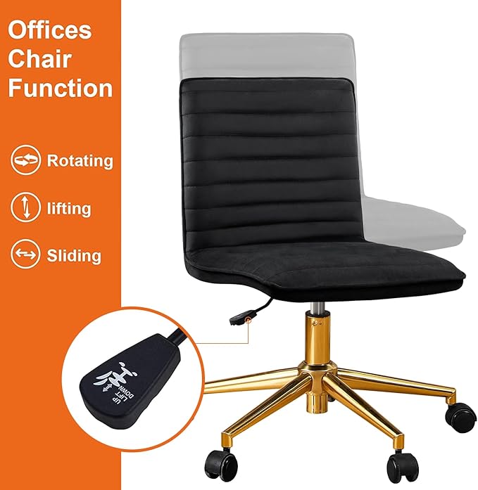 Furniliving Home Office Chair, Armless Vanity Chair with Wheels Swivel Velvet Computer Rolling Desk Chair with Back, Adjustable Accent Chair with Gold Metal Base Stool Chair,Black - LeafyLoom