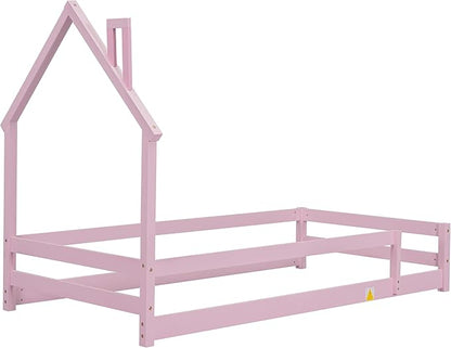 Bellemave Twin Size House-Shaped Headboard Floor Bed with Fences, Wooden Montessori Bed for Kids,House Bed Twin Frame for Girls,Boys (Pink) - LeafyLoom