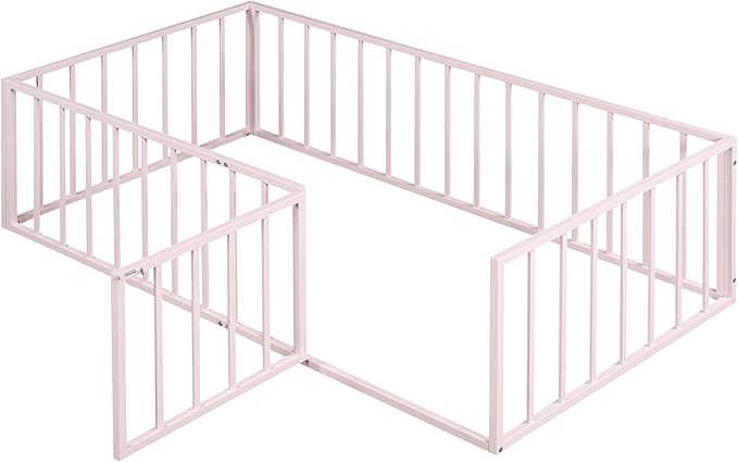 RITSU Twin Size Metal Floor Fence Bed, Montessori Bedframe, with Safety Guardrail and Door, for Children Bedroom, Boys Girls, Apartment, Strong & Durable, Easy to Assemble, Pink - LeafyLoom