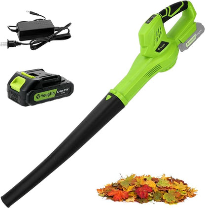 YOUGFIN Cordless Leaf Blower, 21V Powerful Motor, Electric Leaf Blower for Lawn Care, Battery Powered Leaf Blower Lightweight for Snow Blowing (Battery & Charger Included) - LeafyLoom