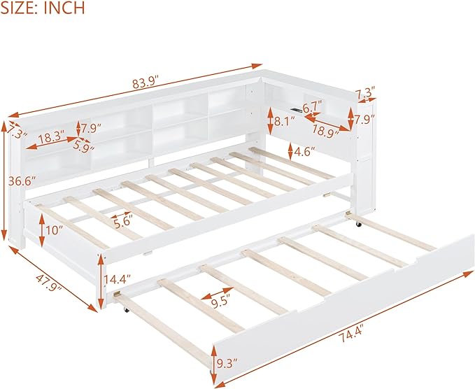 Wooden Twin Size DayBed with L-Shaped Bookcase Headboard and Trundle, Wood Twin Day Bed Frame with Storage Shelf and USB Charging Ports for Living Room Bedroom, White - LeafyLoom