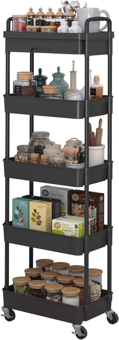 5-Tier Rolling Utility Cart，Trolley with Drawer, Multifunctional Storage Organizer with Plastic Shelf & Metal Wheels, Storage Cart for Living Room, Kitchen, Office, Bathroom, Black - LeafyLoom