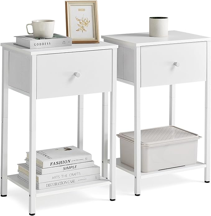 VASAGLE Nightstands, Set of 2 Side Tables with Fabric Drawer, 24-Inch Tall End Tables with Storage Shelf, Bedroom, White ULGS221W14 - LeafyLoom