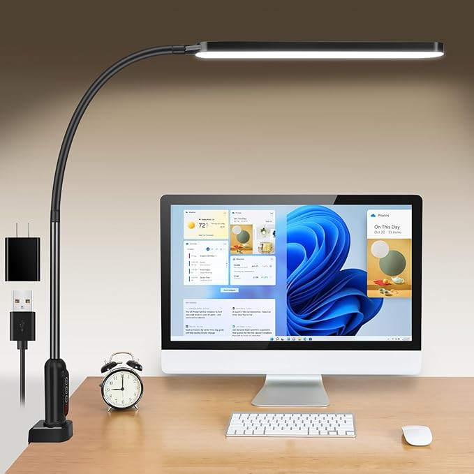 LED Desk Lamp with Clamp, Super Bright Desk Light with 11 Brightness, 5 Color Modes, Flexible Gooseneck Clip on Table Light, Eye-Caring Architect Task Desk Lamps for Home Office Study Reading - LeafyLoom