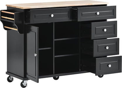 Kitchen Island with Storage Cabinets, Rolling Mobile Kitchen-cart w/Rubber Wood Desktop and 5 Drawers & Open Shelves, Sideboard for Dining Room, Home Bar - LeafyLoom