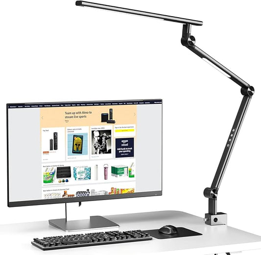 LED Desk Lamp, Desk Light for Home Office, Dual Light Source 18W Brightest, Eye-Caring Optical Lens, Office Lamp, 5 Color Modes & Brightness, Aluminum Alloy Drafting Light, Clamp Lamp, Black - LeafyLoom