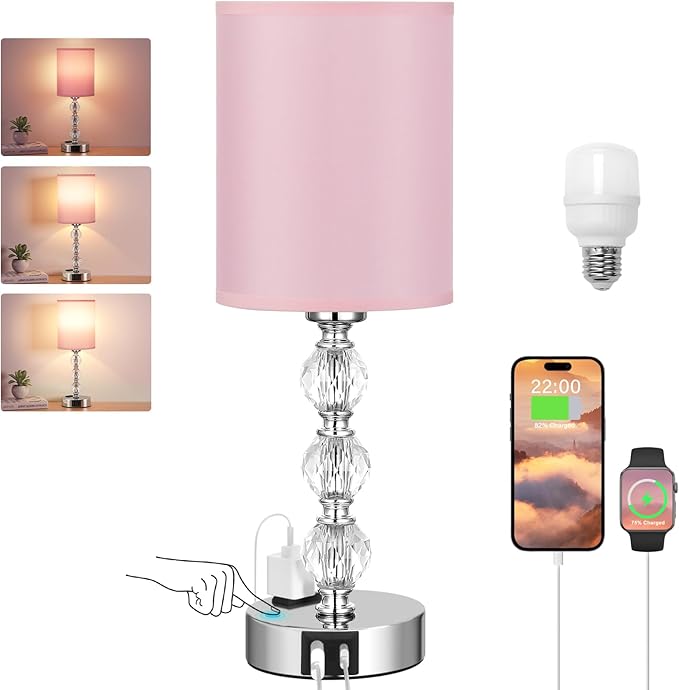 Pink Touch Bedside Lamps for Bedrooms - Crystal Table Lamp with USB C+A Charging Port and AC Outlet Nightstand, 3 Way Dimmable Silver Small End Side Table Lamp for Living/Guest/Dinning Room/Kitchen - LeafyLoom