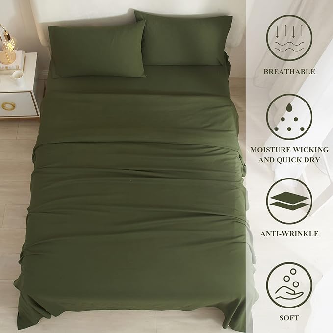 Army Green Full Size Sheet Set Extra Soft Deep Pocket Sheets Set,4 Piece Bed Fitted Sheets Fit 16 Mattress,Wrinkle,Fade,Sain Resistant Cooling Bed Sheets,Fitted Sheets,Pillowcases Set - LeafyLoom