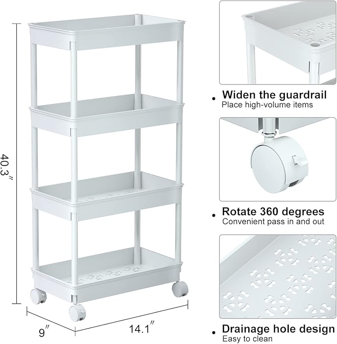 Sooyee 4 Tier Wide Storage Cart Mobile Shelving Unit Organizer Slide Out Storage Rolling Utility Cart Tower Rack for Kitchen Bathroom Laundry, Plastic & Stainless Steel,White - LeafyLoom