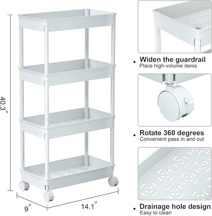 Sooyee 4 Tier Wide Storage Cart Mobile Shelving Unit Organizer Slide Out Storage Rolling Utility Cart Tower Rack for Kitchen Bathroom Laundry, Plastic & Stainless Steel,White - LeafyLoom