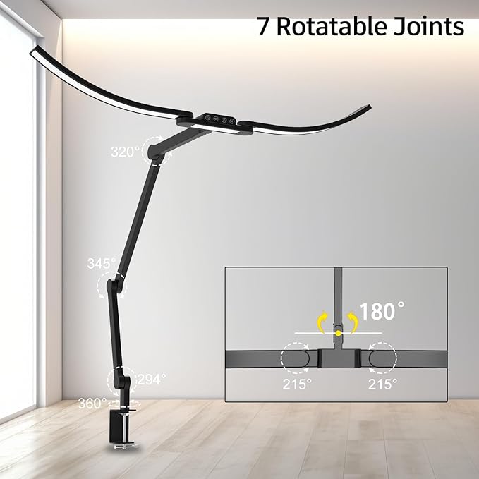 Architect Desk Lamp with Curved Light Bars, 33 Inches Long Wide Bright LED Desk Lamp with Clamp, 24W Dimmable Desk Light for Home Office Tall Swing Arm Table Light for Computer - LeafyLoom