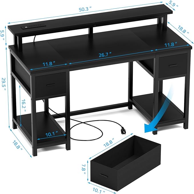 GreenForest Computer Desk with 2 Drawers and Power Outlets,50 Inch Office Desk with 2 Monitor Stands and Fabric File Cabinet, Reversible Gaming table with Led Lights and Shelves, Work Desk, Black - LeafyLoom