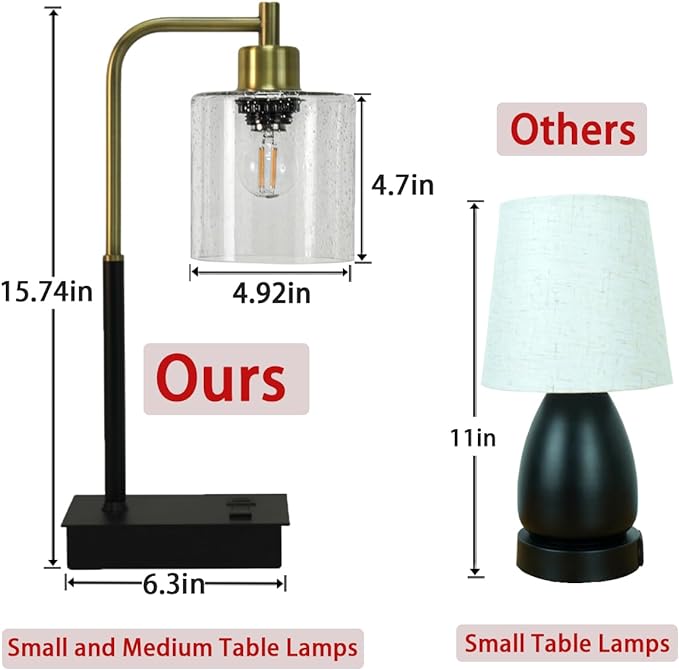 Touch Control Table Lamp 3-Way Dimmable Modern Bedside Nightstand Lamp with USB Type C Port 1 AC Outlet Desk Lamp with Seeded Glass Shade for Children Office Dorm, Bulb Included - LeafyLoom