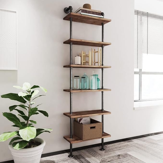 Industrial Pipe Bookshelves Rustic Wall Ladder Bookshelf Display Storage Stand Shelf Bookcase for Living Room, Kitchen, Office (6 Tier) - LeafyLoom