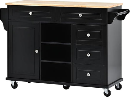 Kitchen Island with Storage Cabinets, Rolling Mobile Kitchen-cart w/Rubber Wood Desktop and 5 Drawers & Open Shelves, Sideboard for Dining Room, Home Bar - LeafyLoom