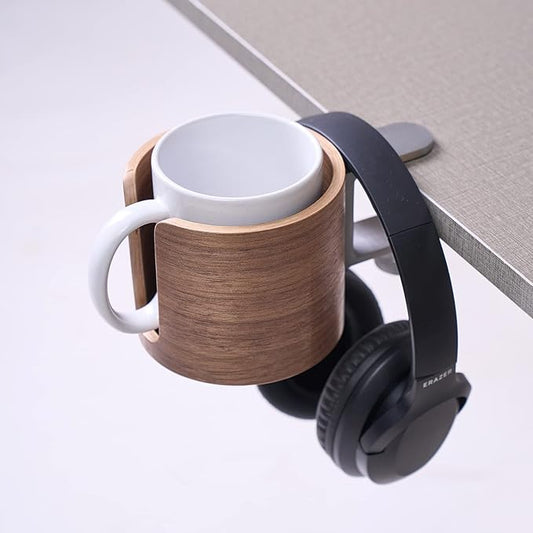 urbanplus Desk Cup Holder, Anti-Spill Walnut Wood Cup Holder for Desk with Aluminium Clamp, Office Desk Accessories, Gaming Desk Accessories, Computer Desk Accessories - LeafyLoom