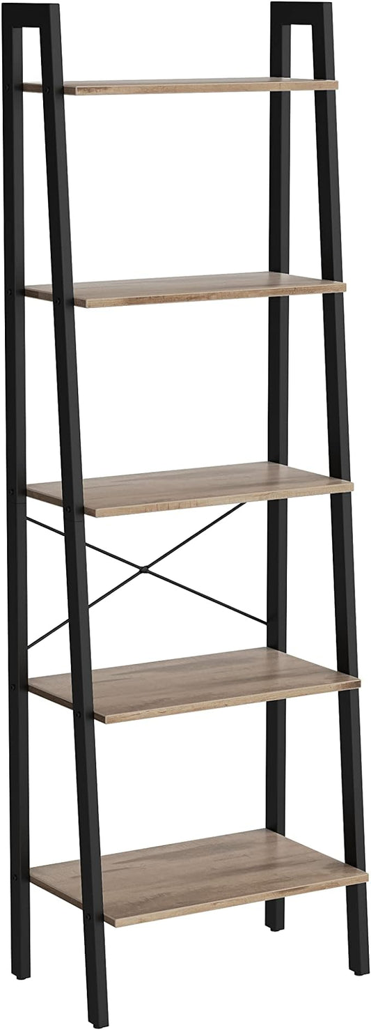 VASAGLE Ladder Shelf, 5-Tier Bookshelf, Storage Rack, Bookcase with Steel Frame, for Living Room Home Office, Kitchen, Bedroom, Industrial Style, Camel Brown + Black - LeafyLoom